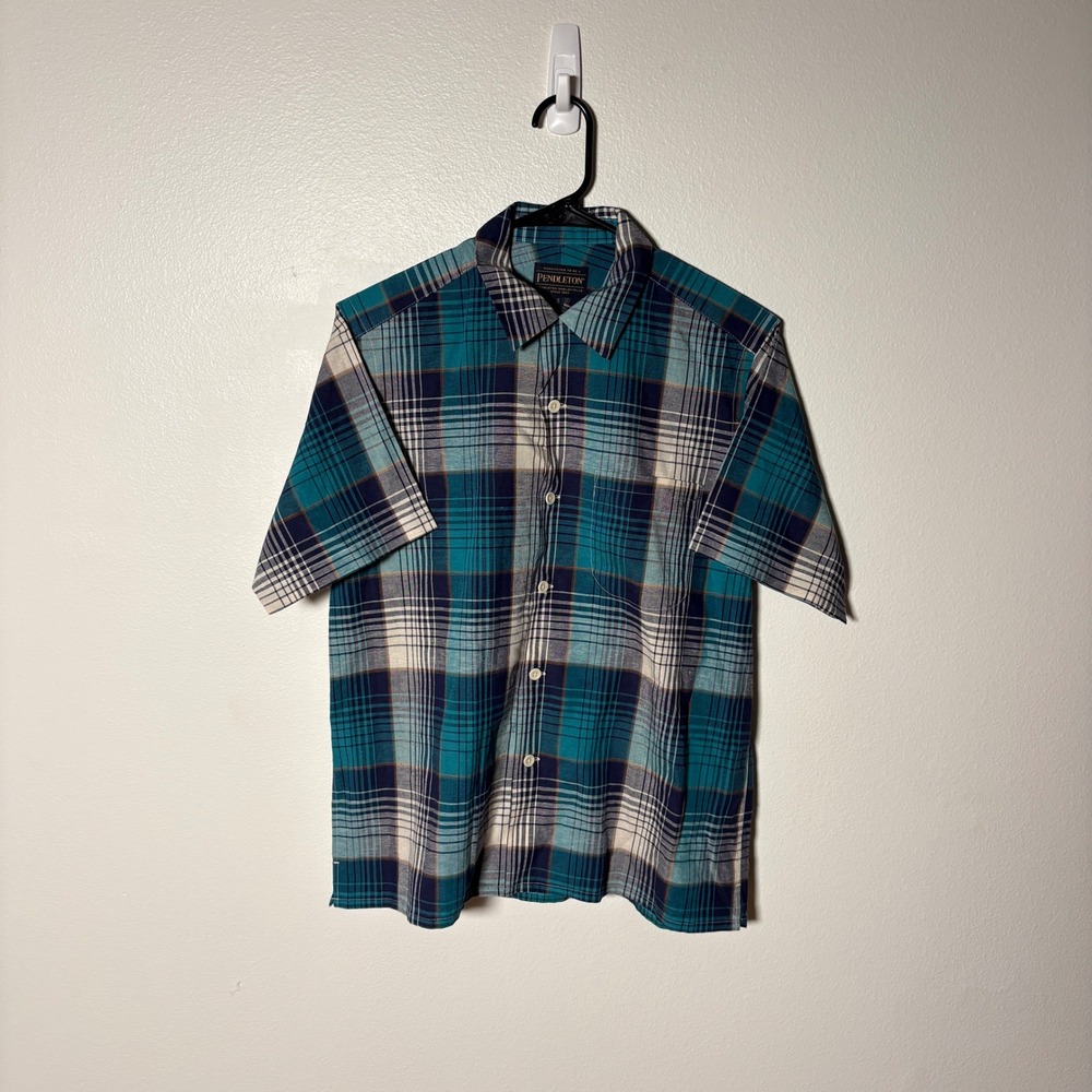 Pendleton Mens Teal Navy Plaid Short Sleeve Button Down Shirt Camp Collar Small